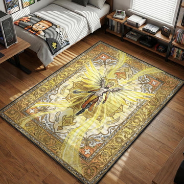 Mercy from Overwatch displaying golden Valkyrie wings in an intricate art nouveau style gaming area rug and floor mat