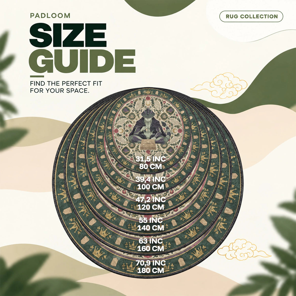 Meruem Seated round rug size guide, 80 to 180 cm (31.5 to 70.9 in)