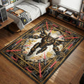 Metal Face Mechon robot hovering amidst red lasers and industrial steampunk gears graphic art gaming area rug and floor mat