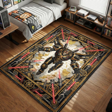 Metal Face Mechon robot hovering amidst red lasers and industrial steampunk gears graphic art gaming area rug and floor mat