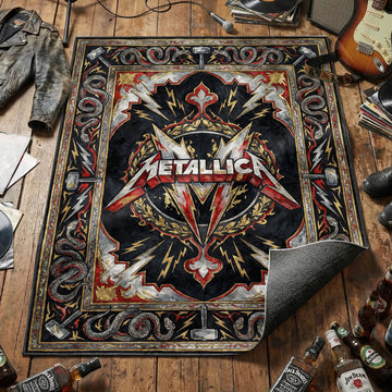 Metallica jagged logo area rug with lightning bolts snakes and hammers on black and gold ornate tapestry