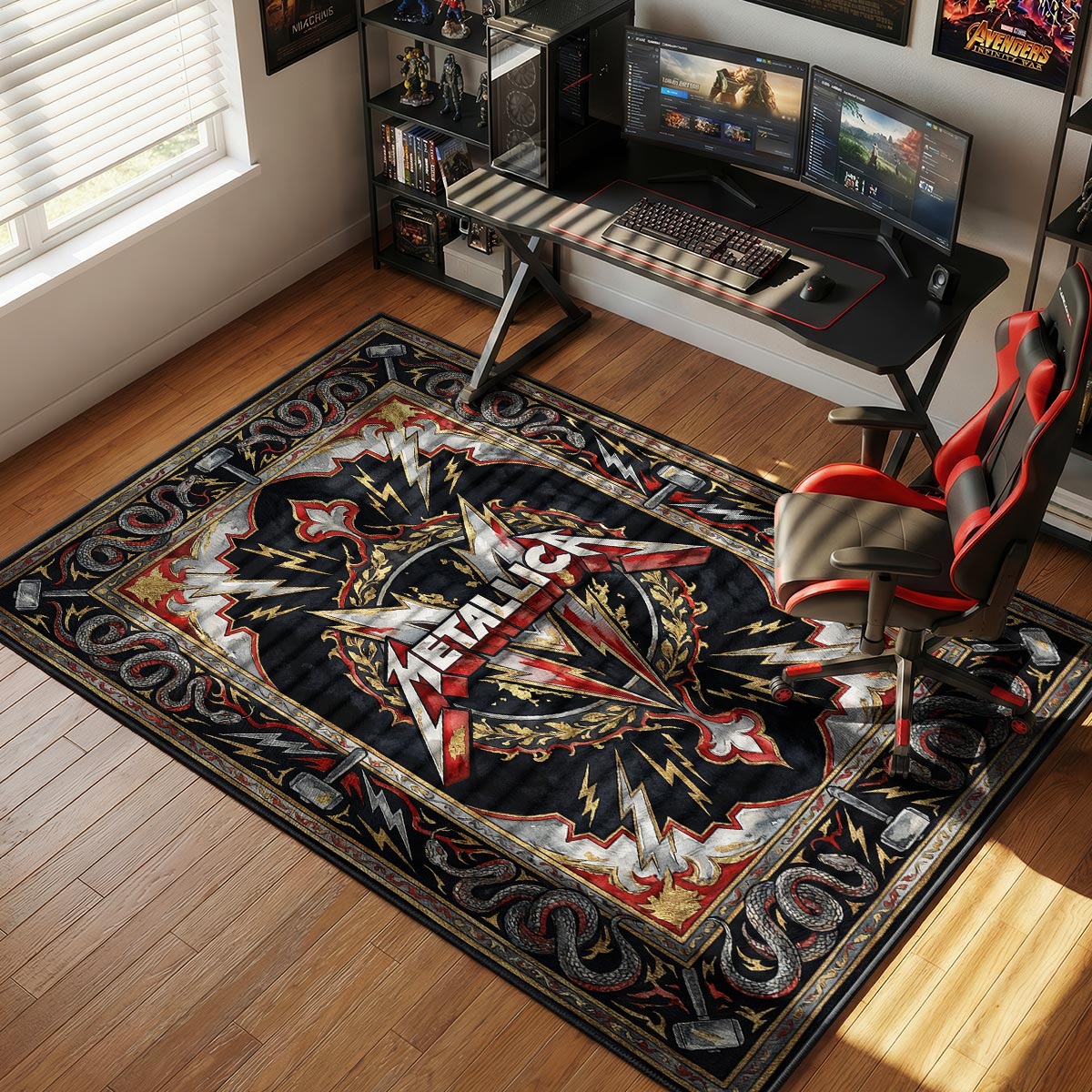 Metallica thrash metal rug placed in a gaming den with dark walls and LED accent lighting