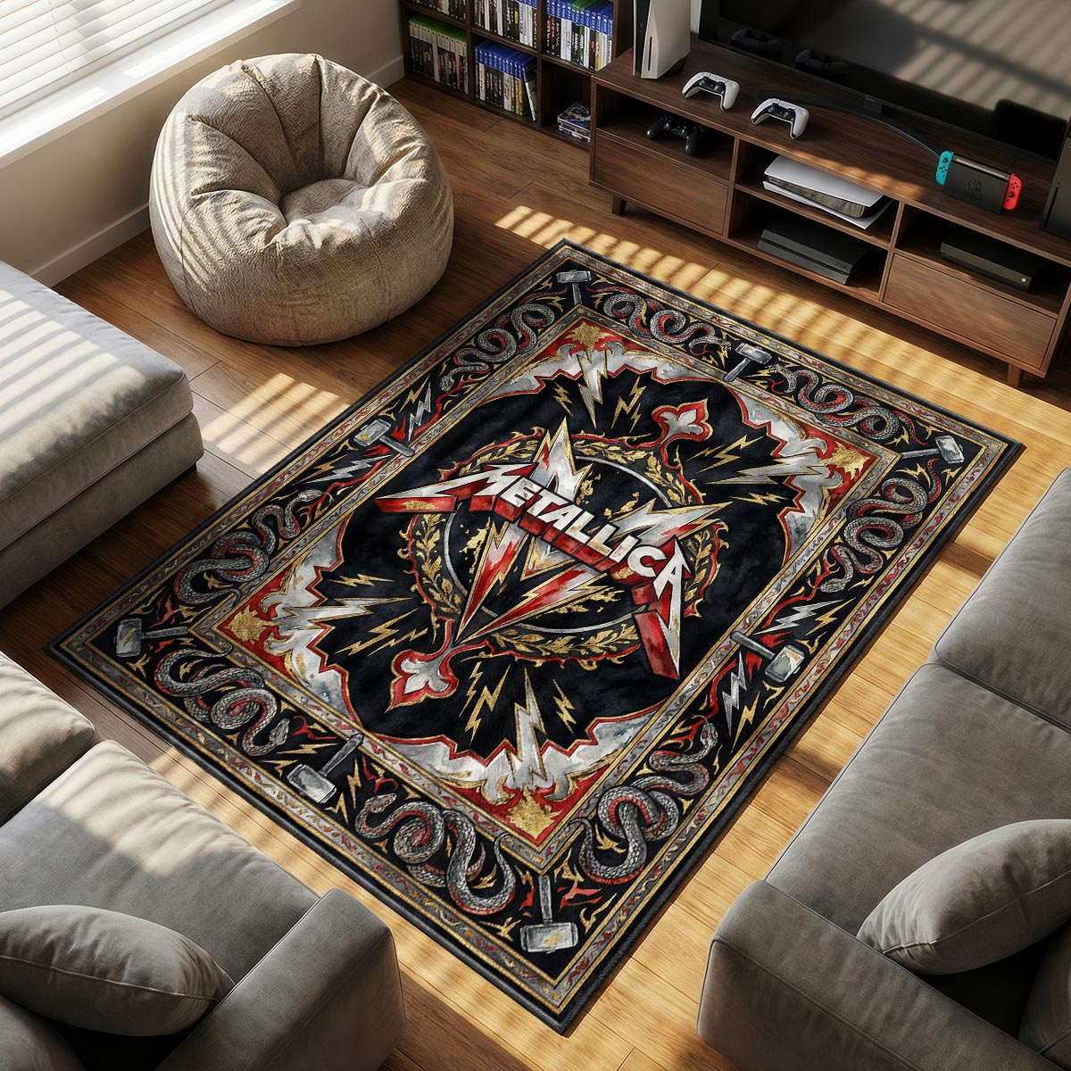 Close-up of Metallica rug showing red logo lettering and lightning bolt detail on plush fiber surface