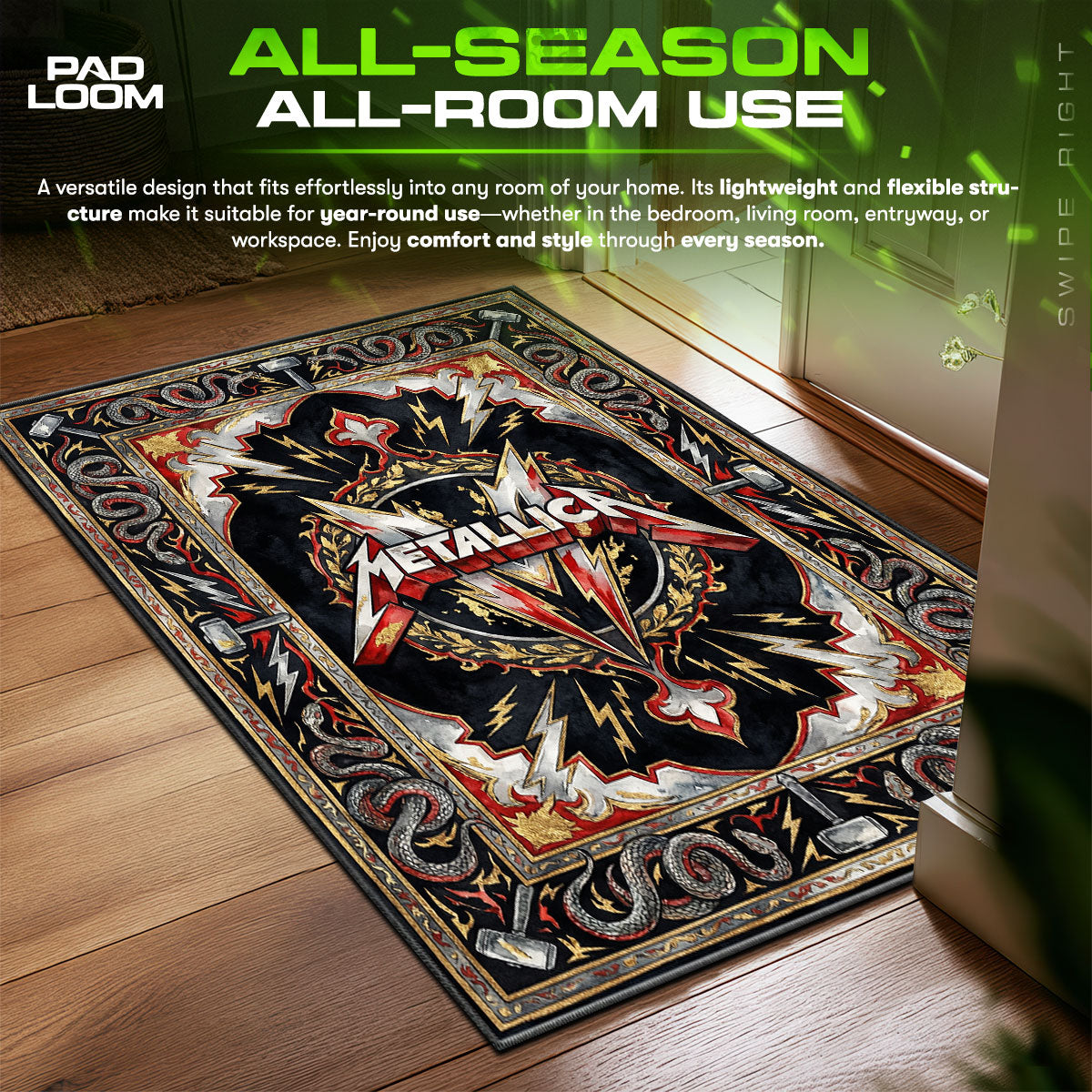 Detailed close-up of Metallica rug pattern