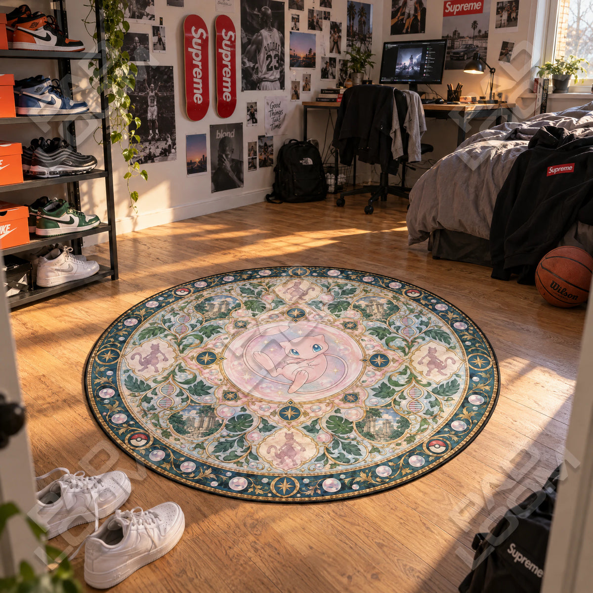 Mew Floating round rug shown in a styled room - Pokemon area rug