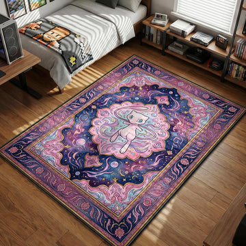 Mew floating in a pink psychic bubble with stars in a traditional purple Persian pattern area rug and floor mat
