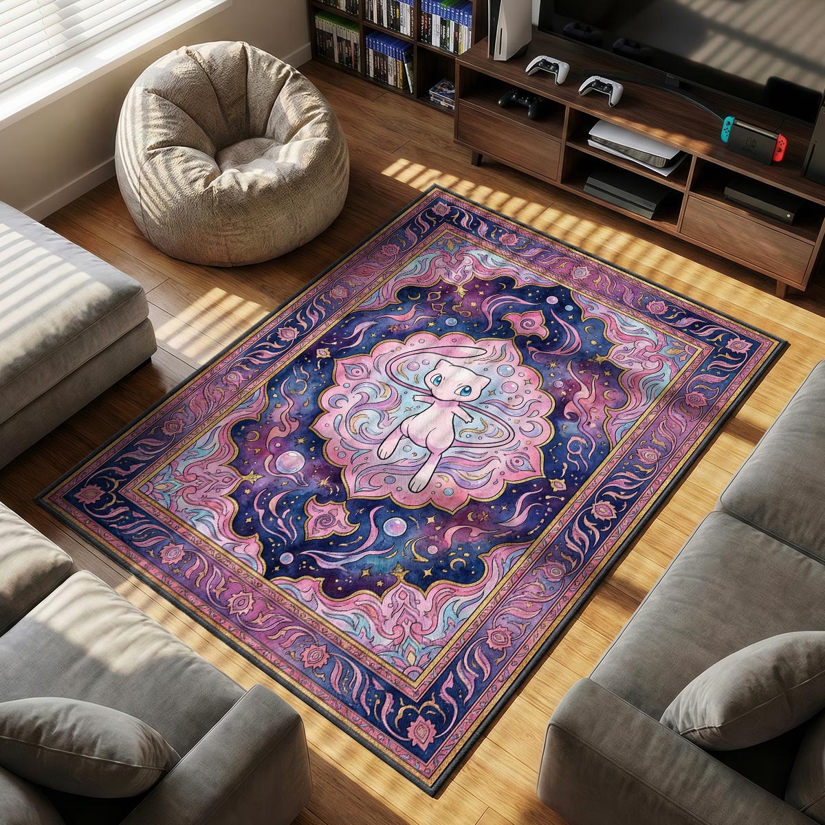 Mew Psychic themed area rug for Pokemon fans