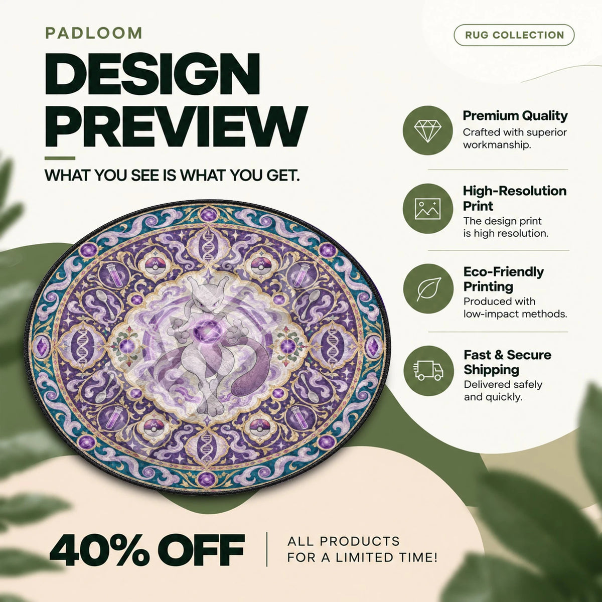 Mewtwo Amethyst Pokemon round rug full design preview