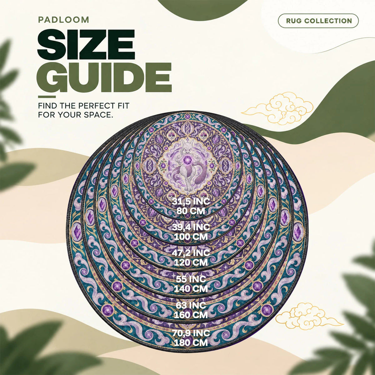 Mewtwo Amethyst round rug size guide, 80 to 180 cm (31.5 to 70.9 in)