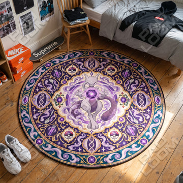 Mewtwo Amethyst Pokemon round rug on a bedroom floor - Pokemon chair mat