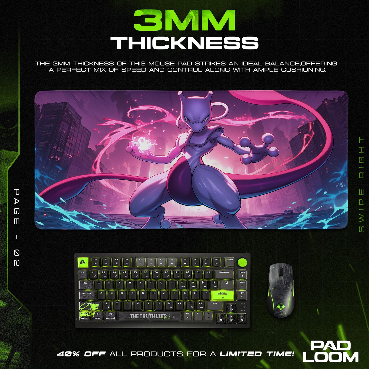 Mewtwo City Pulse Mouse Pad, Pokémon Battle Zone Gaming Desk Mat Padloom