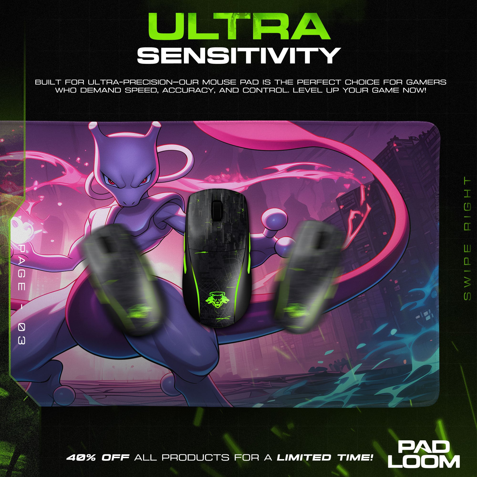 Mewtwo City Pulse Mouse Pad, Pokémon Battle Zone Gaming Desk Mat