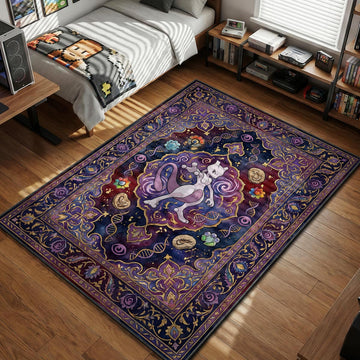 Mewtwo surrounded by DNA strands and Mew silhouettes in a cosmic watercolor style area rug and floor mat