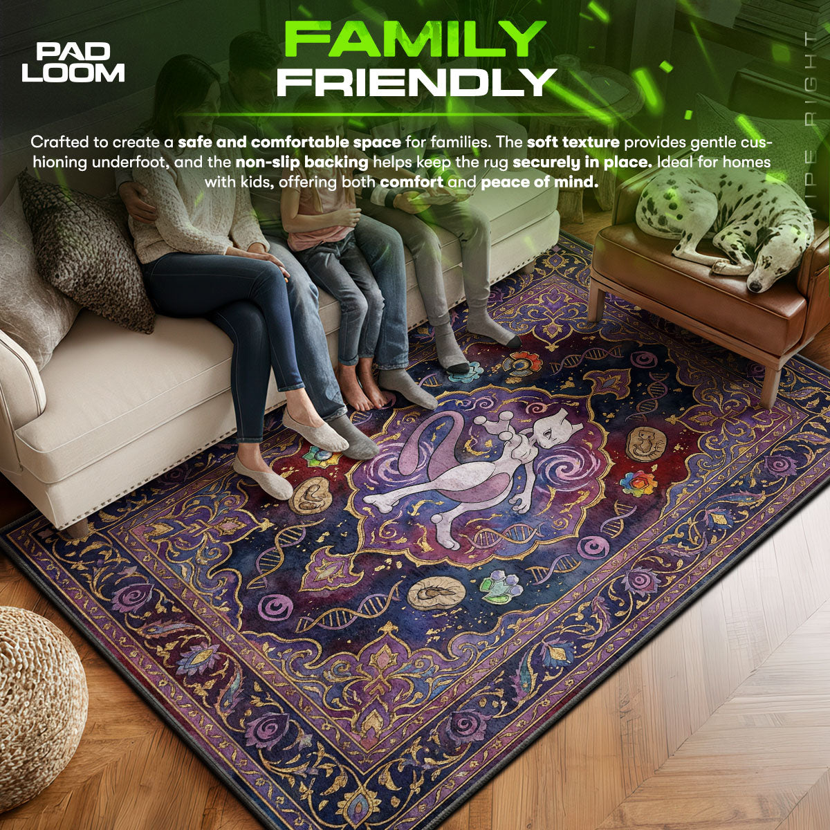 Mewtwo area rug showing full Pokemon artwork