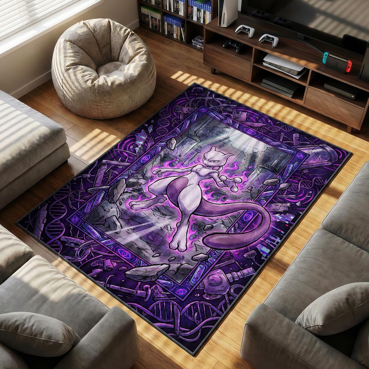 Mewtwo Psychic themed area rug for home decor fans