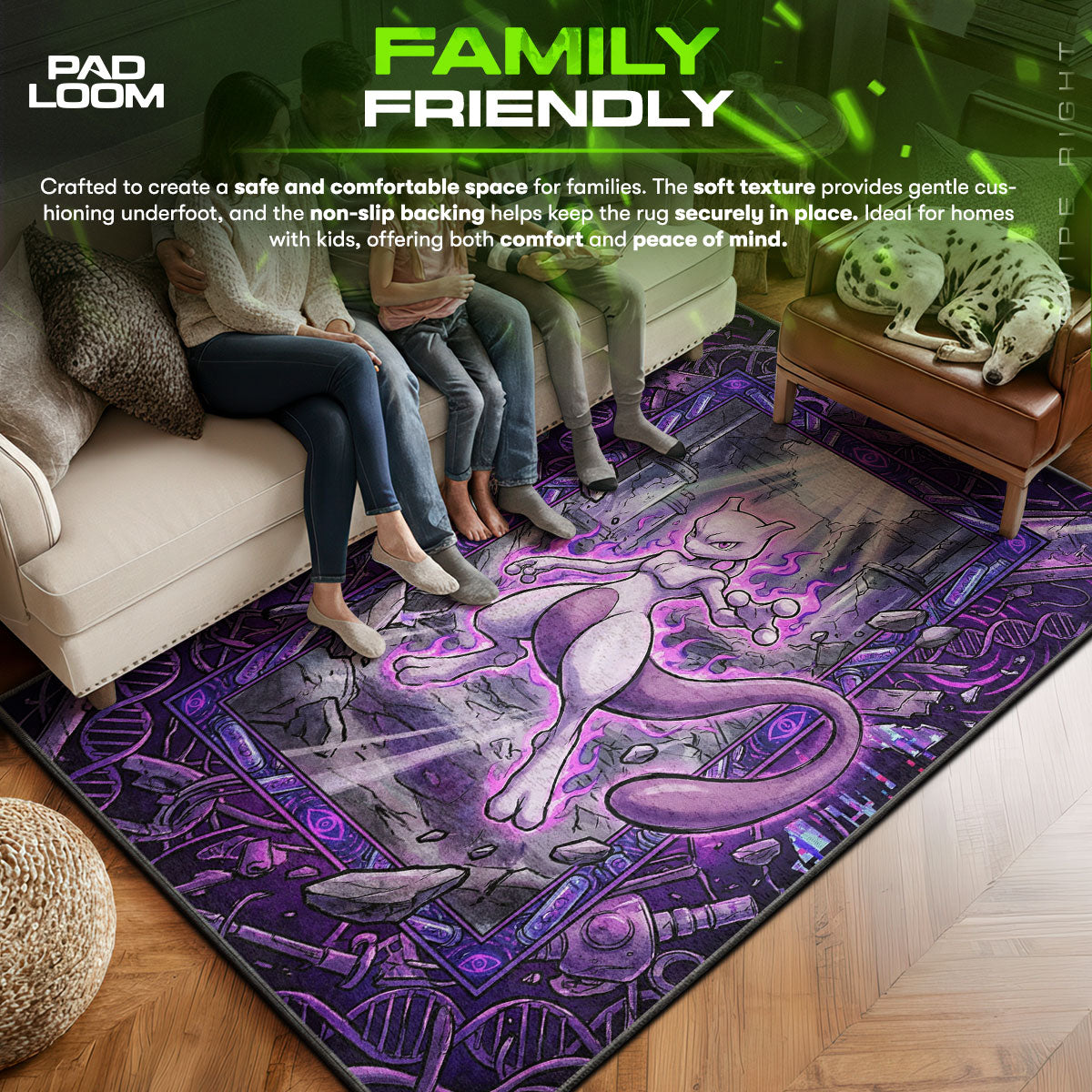 Mewtwo area rug showing full home decor artwork