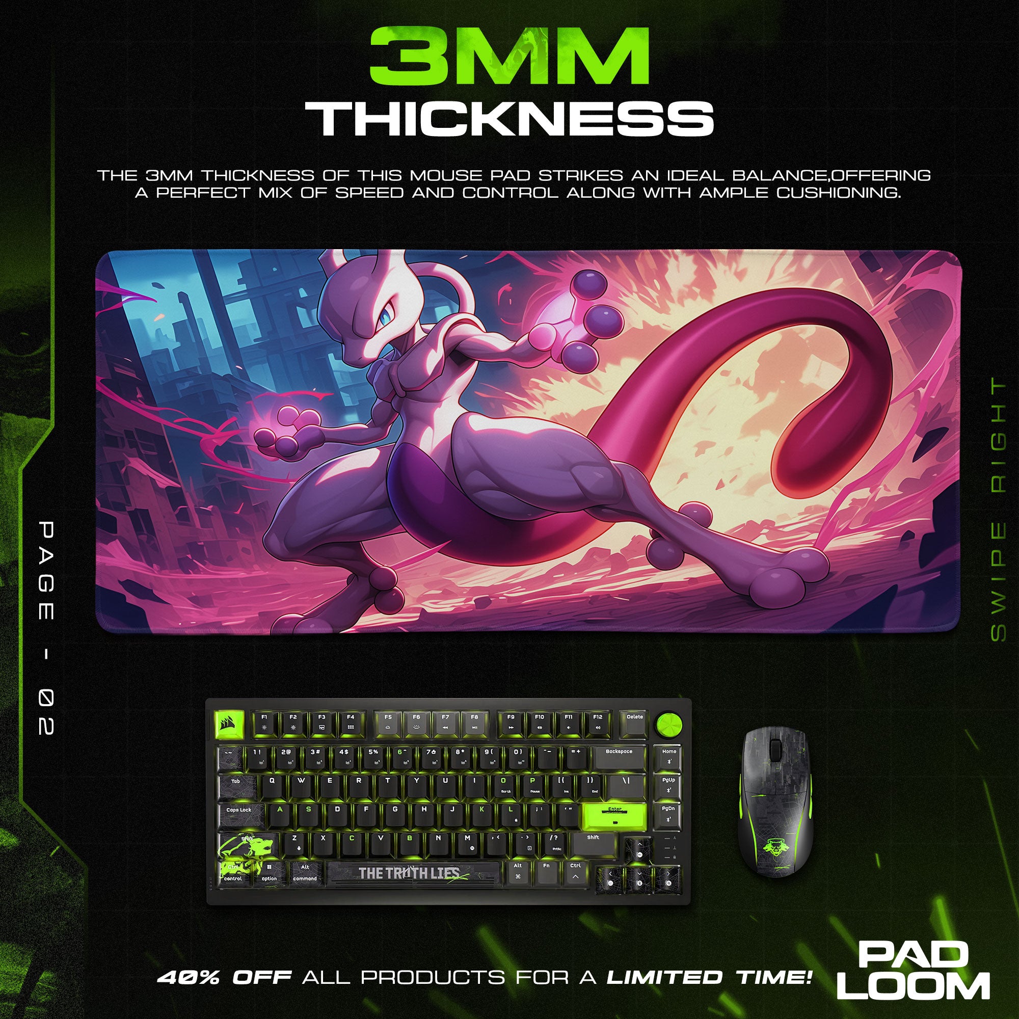 Mewtwo Psychic Shock Mouse Pad, Pokémon Power Surge Gaming Desk Mat