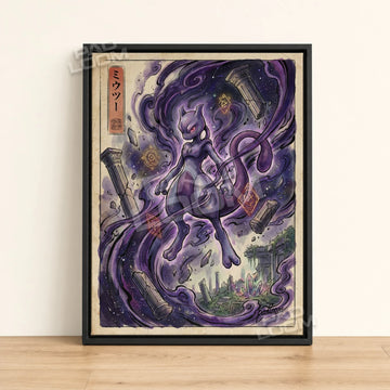Mewtwo Ruins Pokemon poster - framed canvas wall art in a black frame