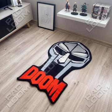 MF DOOM shaped area rug, die-cut man cave rug