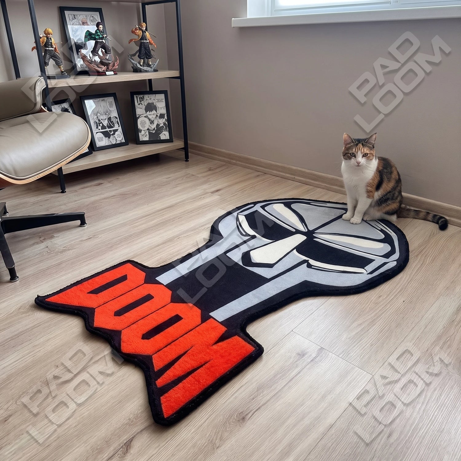 MF DOOM shaped rug shown in a room setting