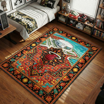 Miami Heat waterfront arena and flaming logo red and teal hypebeast area rug