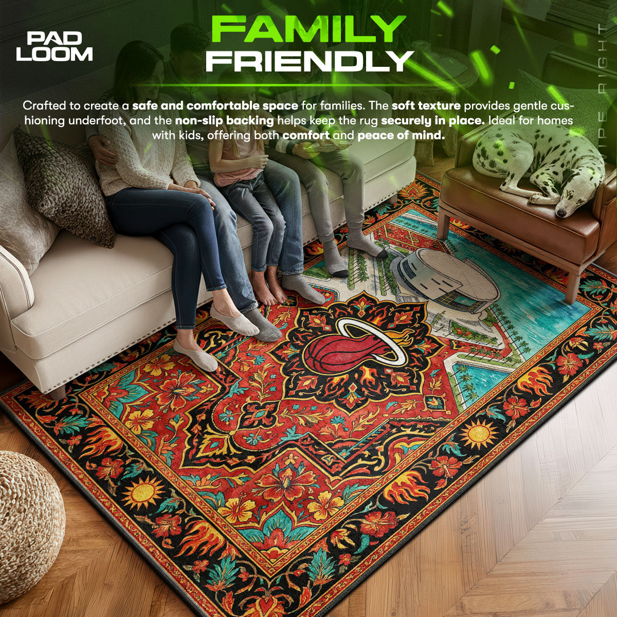 Miami area rug showing full home decor artwork