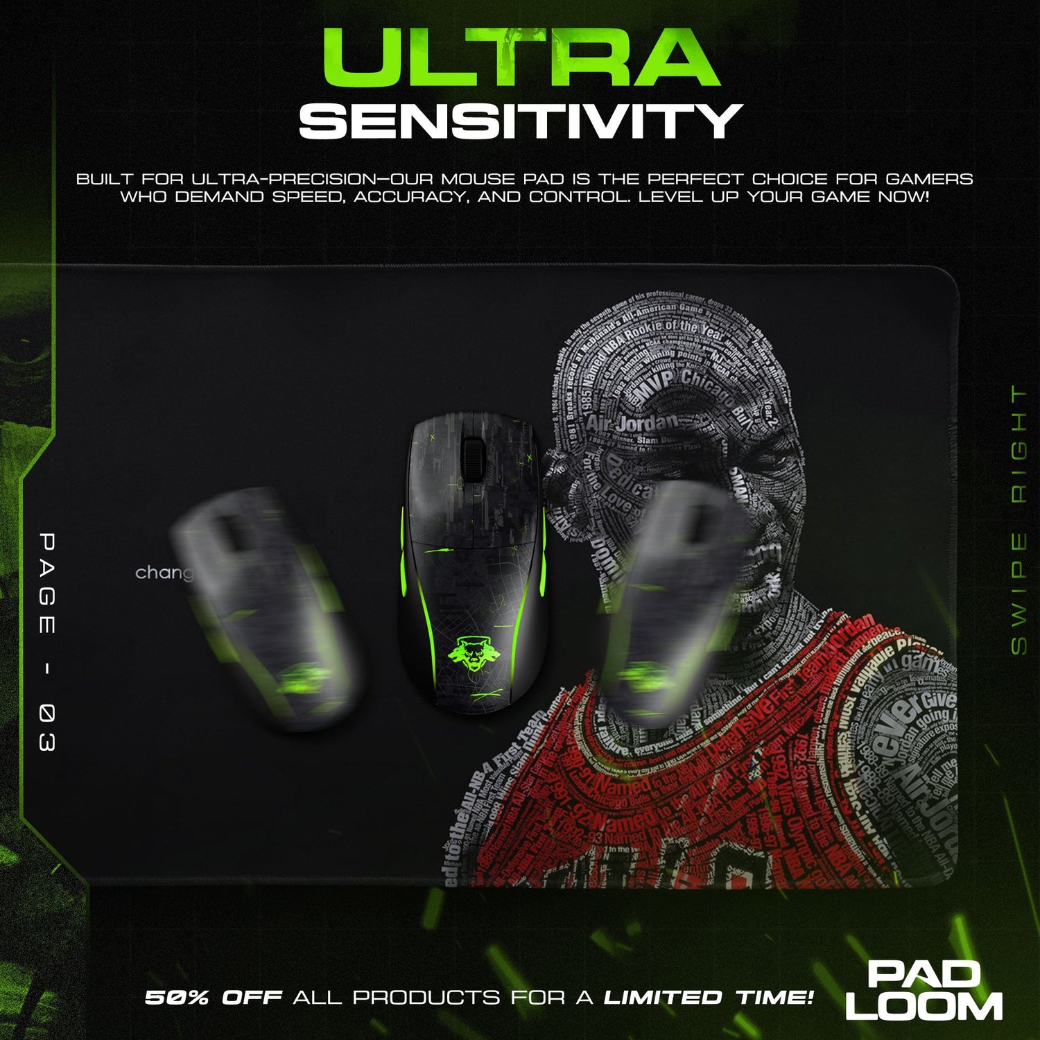 Michael Jordan Text Art Mouse Pad, Pop Culture Quote Gaming Desk Mat Padloom