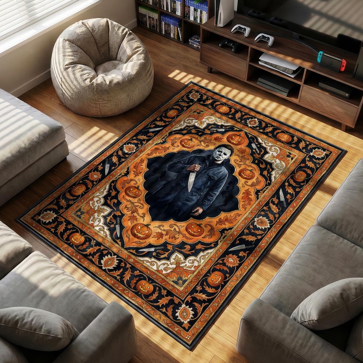 Michael Myers themed area rug for home decor fans