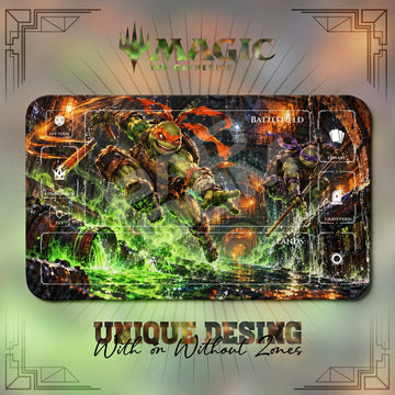 Michelangelo & Donatello Sewer TMNT MTG playmat, green and brown art with play zones, 24 x 14 in