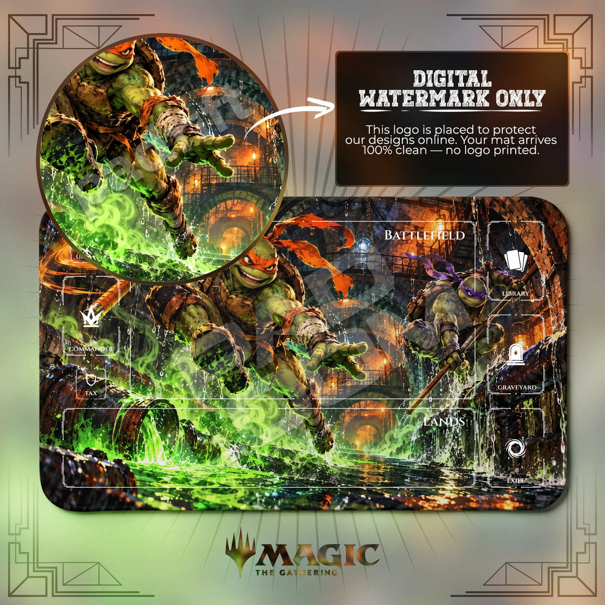 Michelangelo & Donatello Sewer TMNT MTG playmat with zones; the Padloom watermark is digital only, not printed