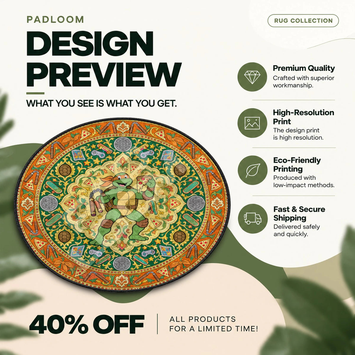 Michelangelo Pizza TMNT round rug full design preview
