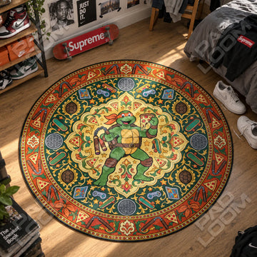 Michelangelo Pizza TMNT round rug on a bedroom floor - Ninja Turtles chair mat