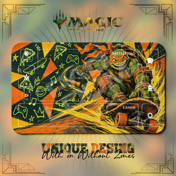 Michelangelo Skate TMNT MTG playmat, green and orange art with play zones, 24 x 14 in