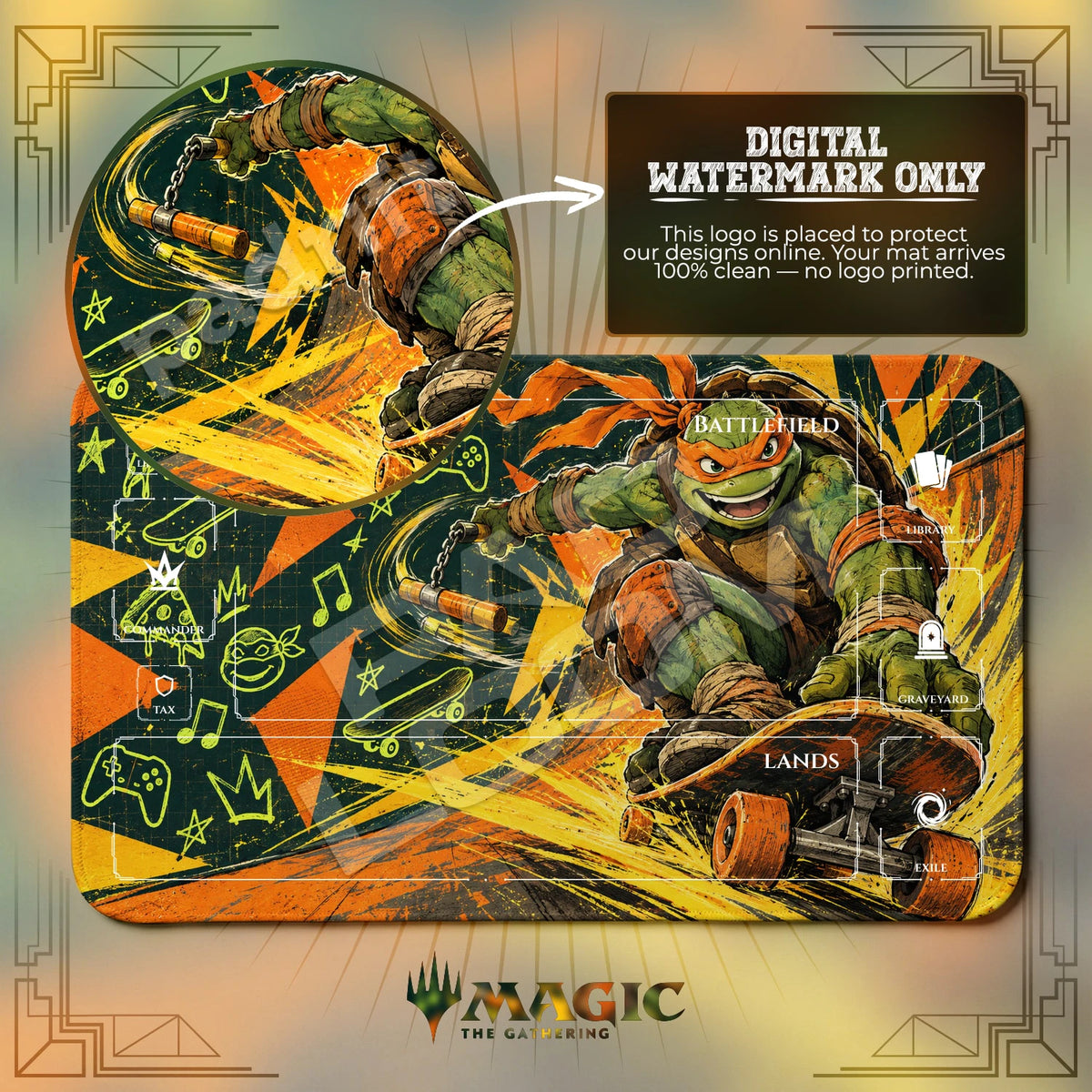 Michelangelo Skate TMNT MTG playmat with zones; the Padloom watermark is digital only, not printed