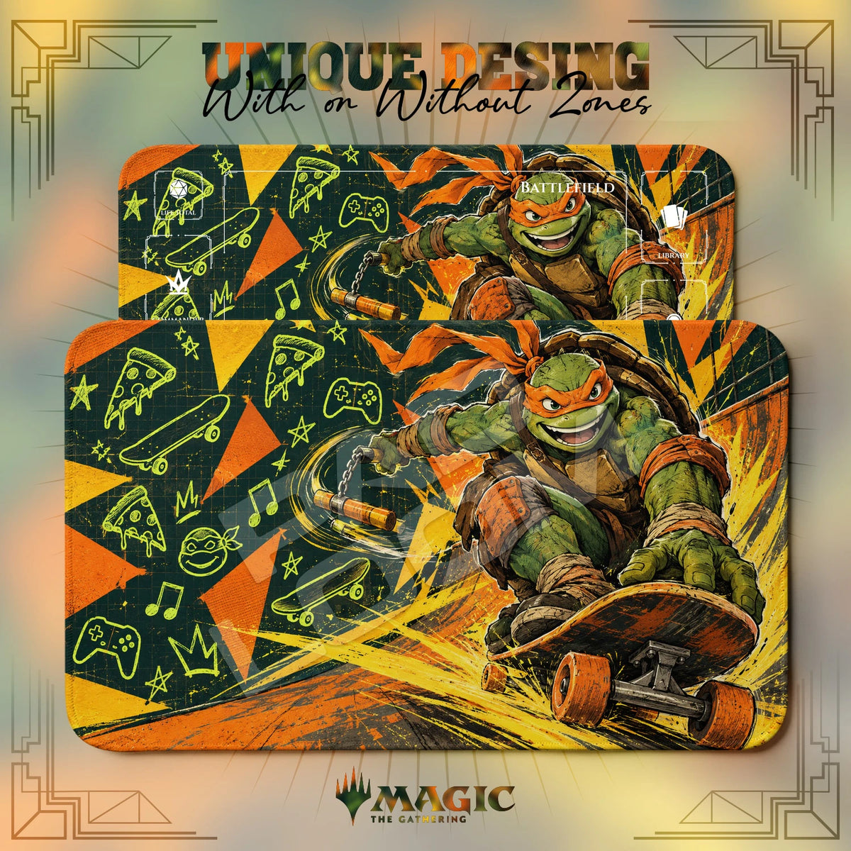 Michelangelo Skate TMNT MTG playmat shown with zones and without zones