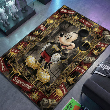 Mickey Mouse wearing Supreme shirt with dripping gold shoes and money stacks hypebeast area rug