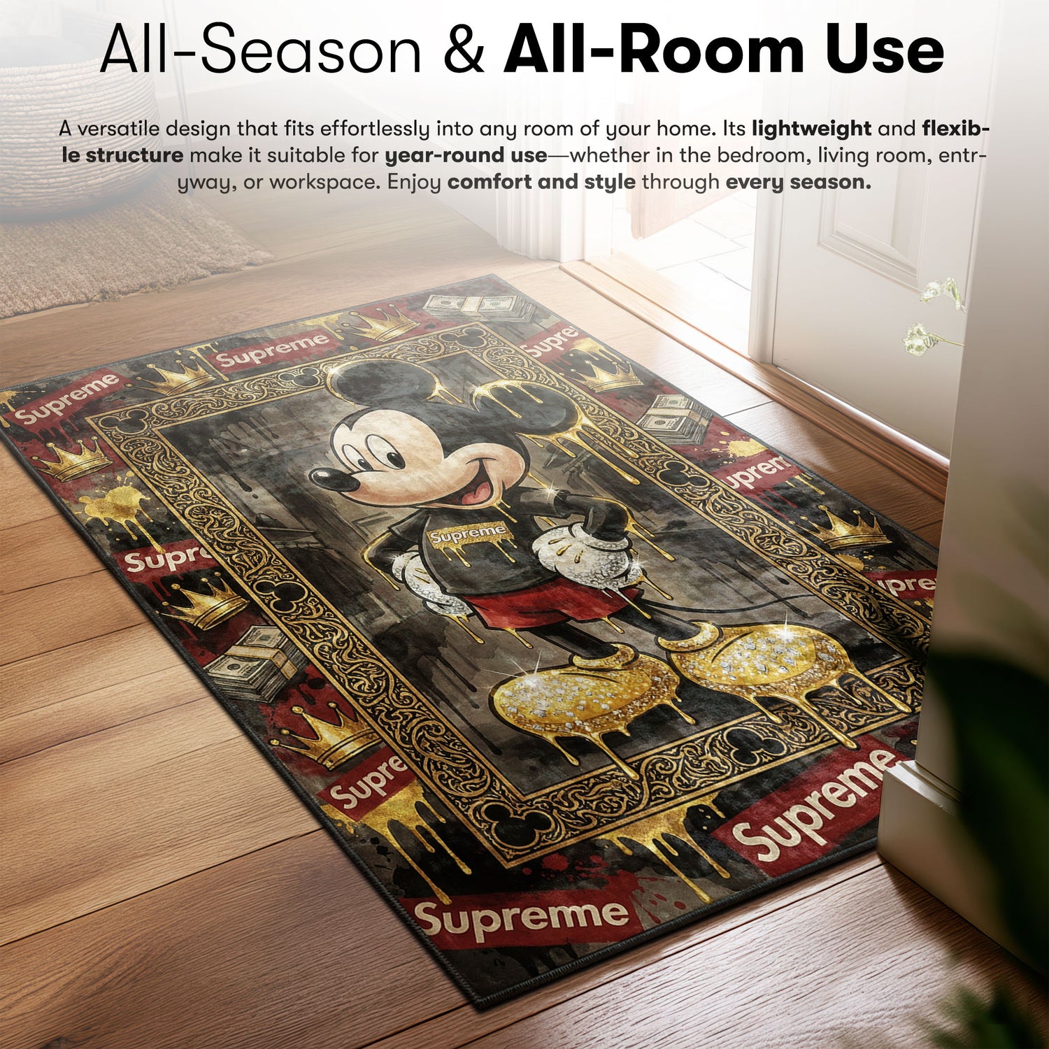 Mickey Supreme Gold Hypebeast fan rug — premium quality print