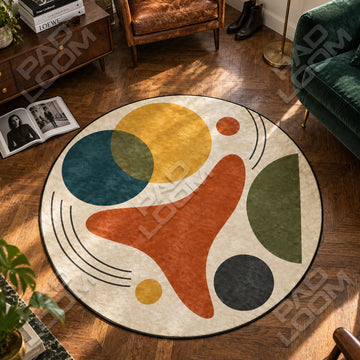 Mid-Century Terrakotta runder Teppich im Wohnraum - Abstrakter Teppich rund