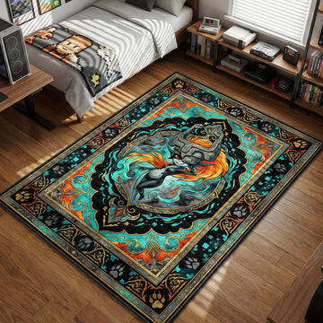 Midna imp form wearing the Fused Shadow helmet surrounded by twilight particles and paw prints gaming area rug and floor mat
