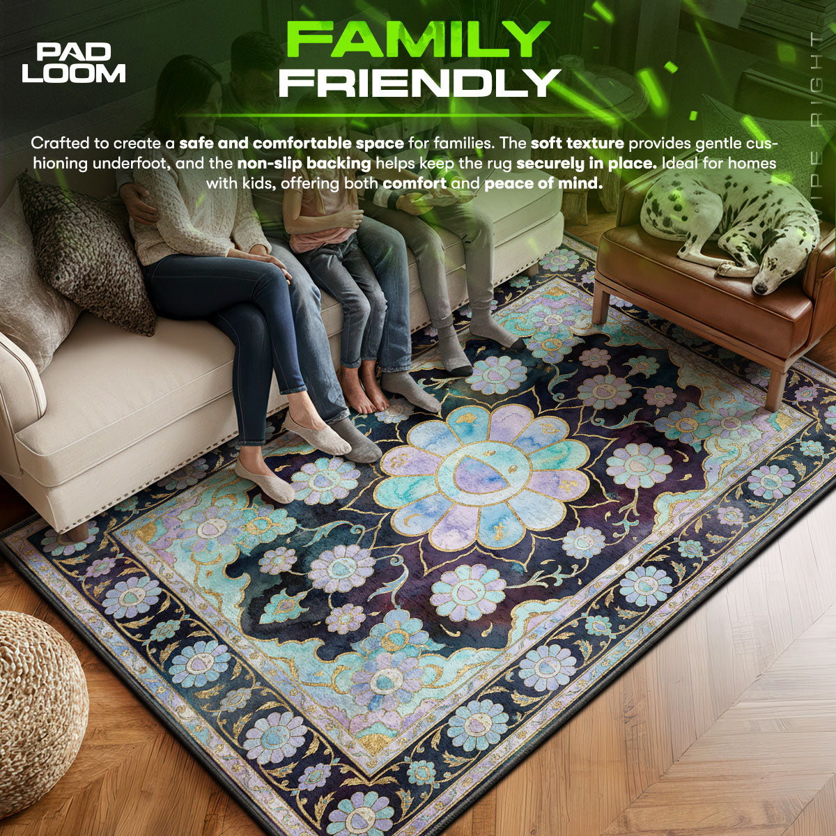 Midnight area rug showing full home decor artwork