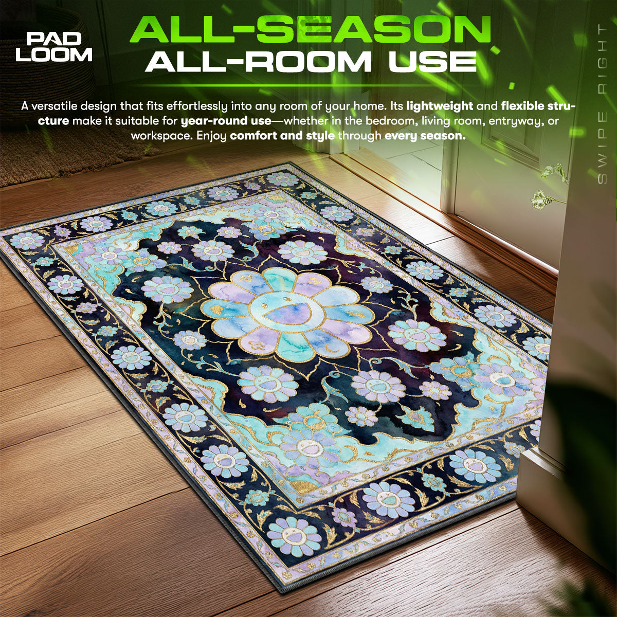 Midnight Aqua Murakami Flower Hypebeast Floor fan rug — premium quality print