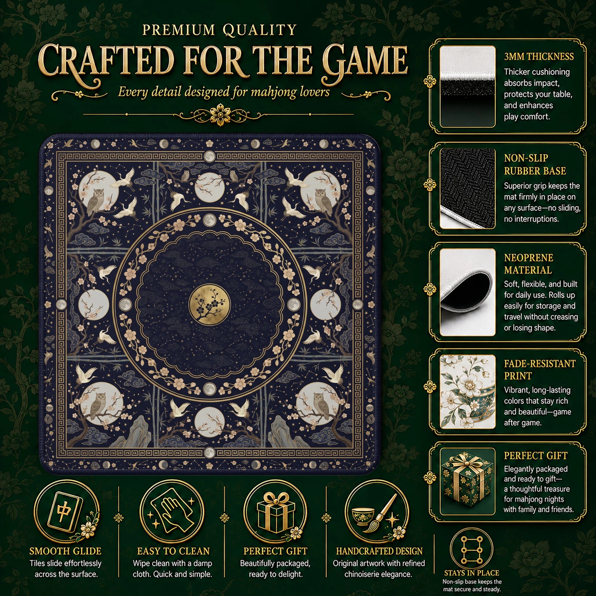 Midnight Owl Mahjong Mat - Mah Jongg Table Mat