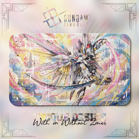 Mighty Strike Freedom Gundam TCG playmat with card game zones – Base, Deck and Battle Area layout