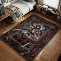 Mikasa Ackerman Attack on Titan rug featuring red scarf, Survey Corps gear, and gothic floral border art for gaming room floor.