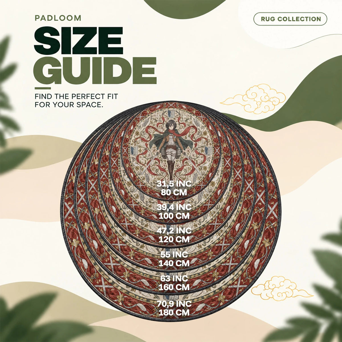 Mikasa Blades round rug size guide, 80 to 180 cm (31.5 to 70.9 in)