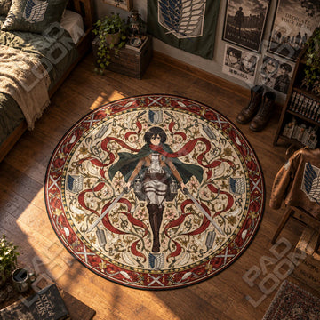 Mikasa Blades Attack on Titan round rug on a bedroom floor - Attack on Titan chair mat