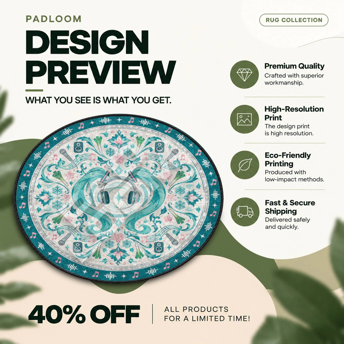 Miku Headphones Hatsune Miku round rug full design preview