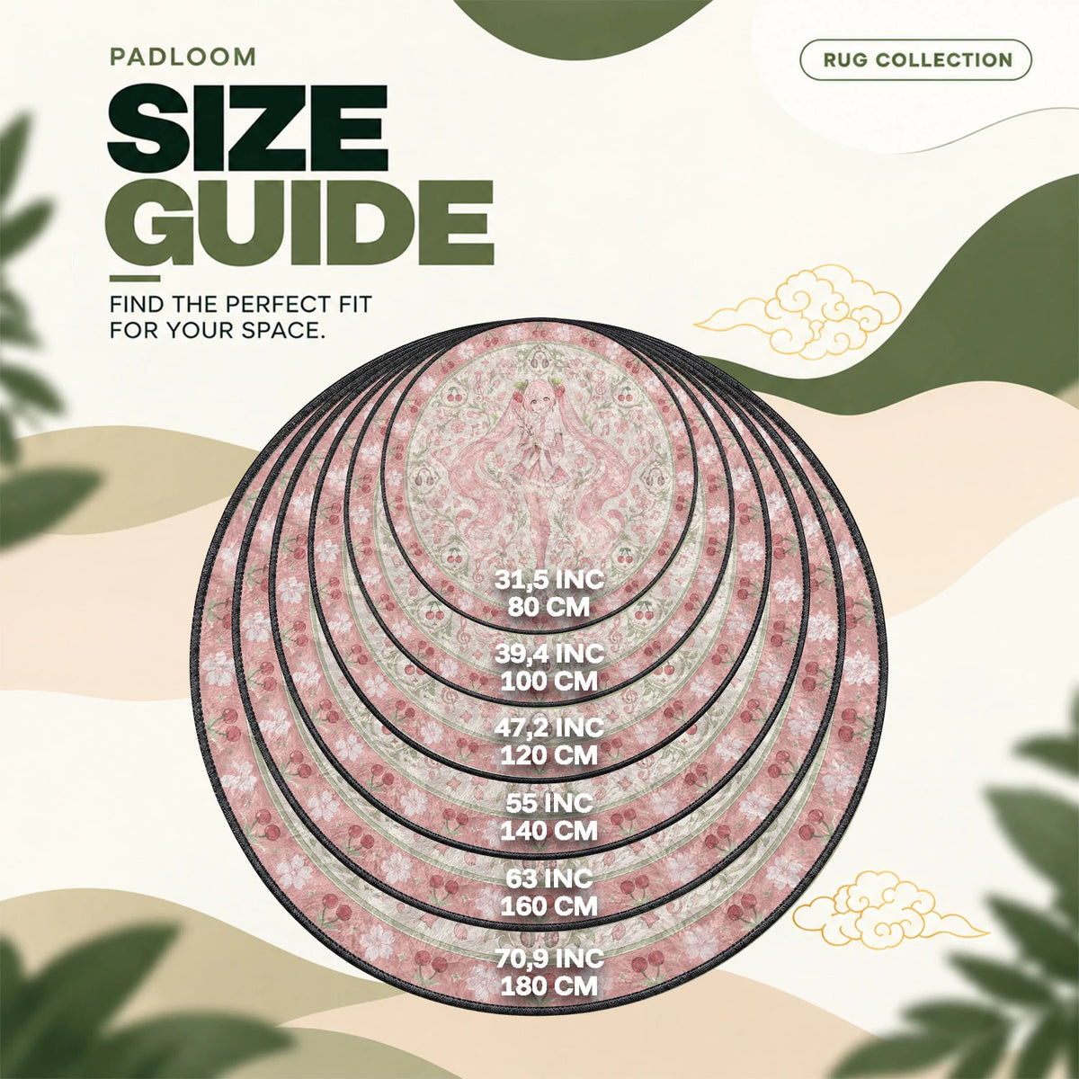 Miku Sakura round rug size guide, 80 to 180 cm (31.5 to 70.9 in)