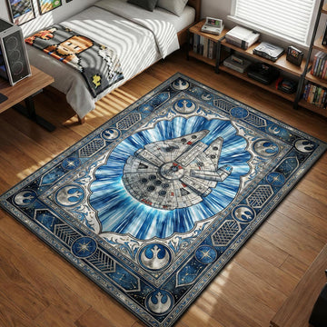 Millennium Falcon jumping to hyperspace with Rebel Alliance borders ornate celestial art style movie themed area rug and home theater mat