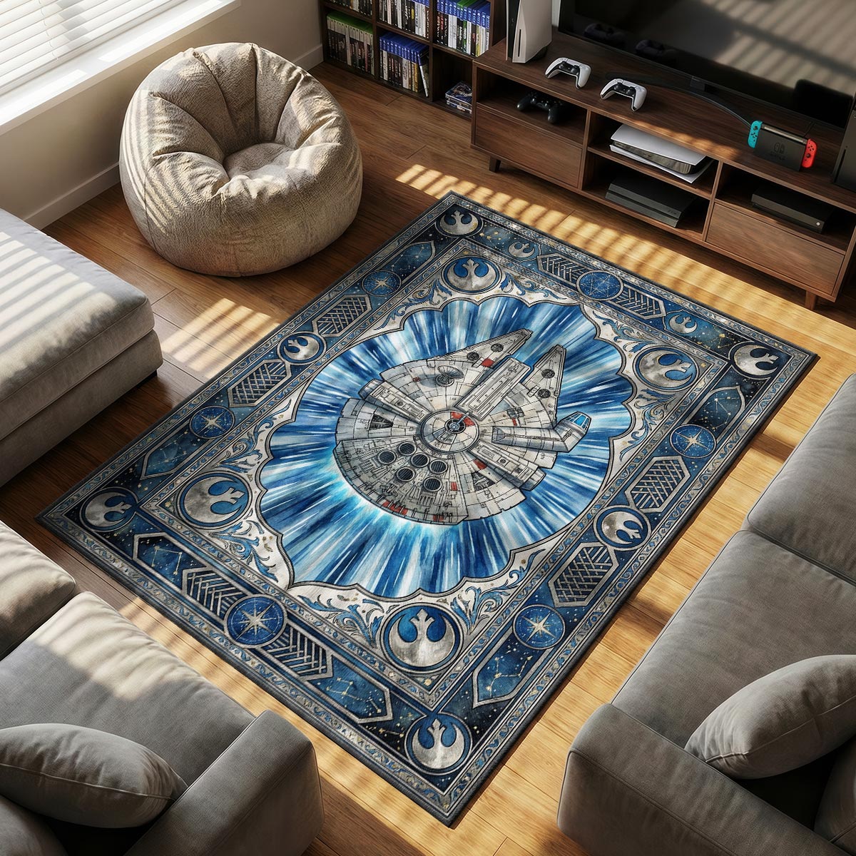 Millennium Falcon themed area rug for home decor fans
